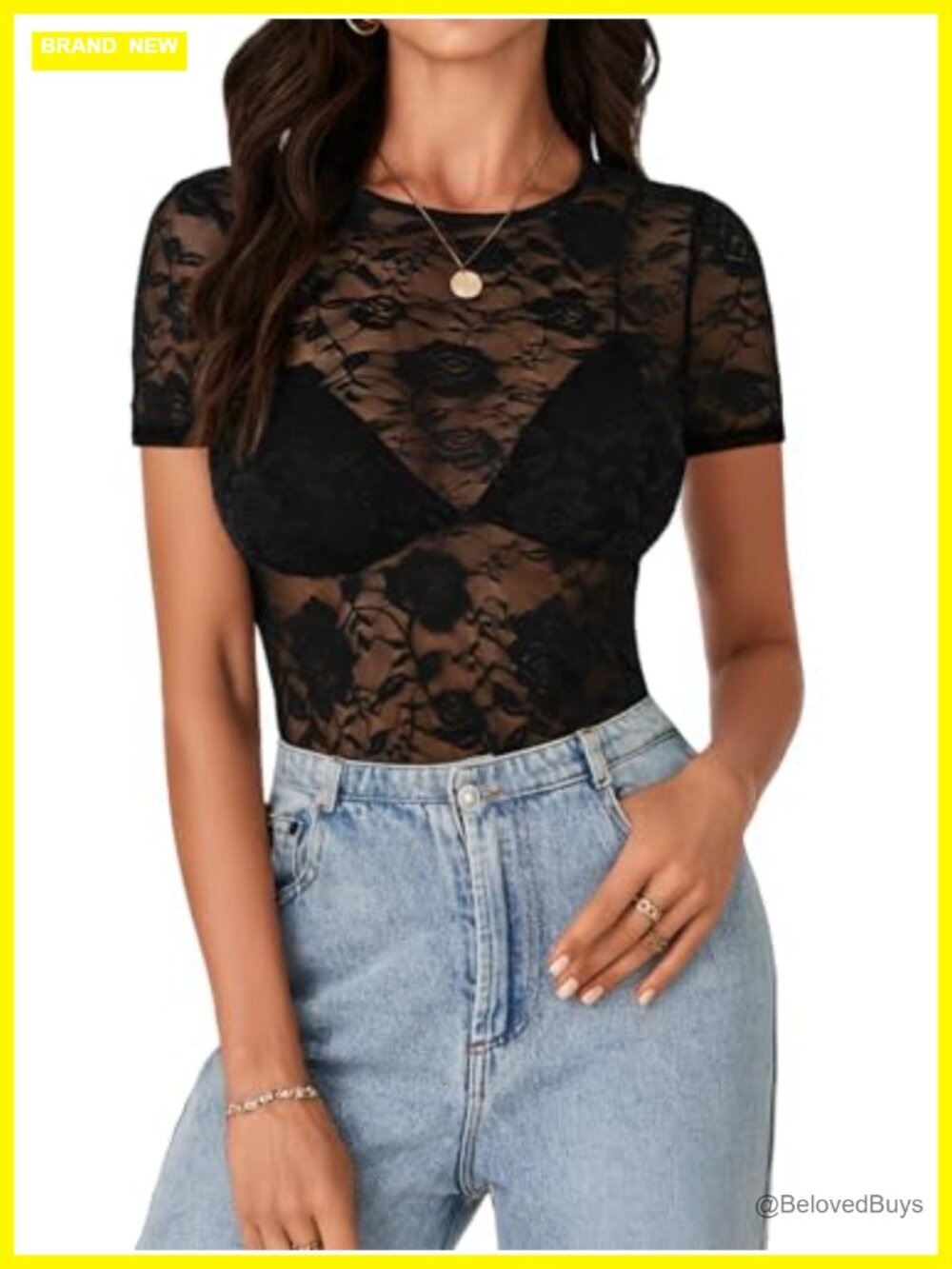 LYANER Floral Lace Mesh Sheer Tee Short Sleeve Slim Fit Top